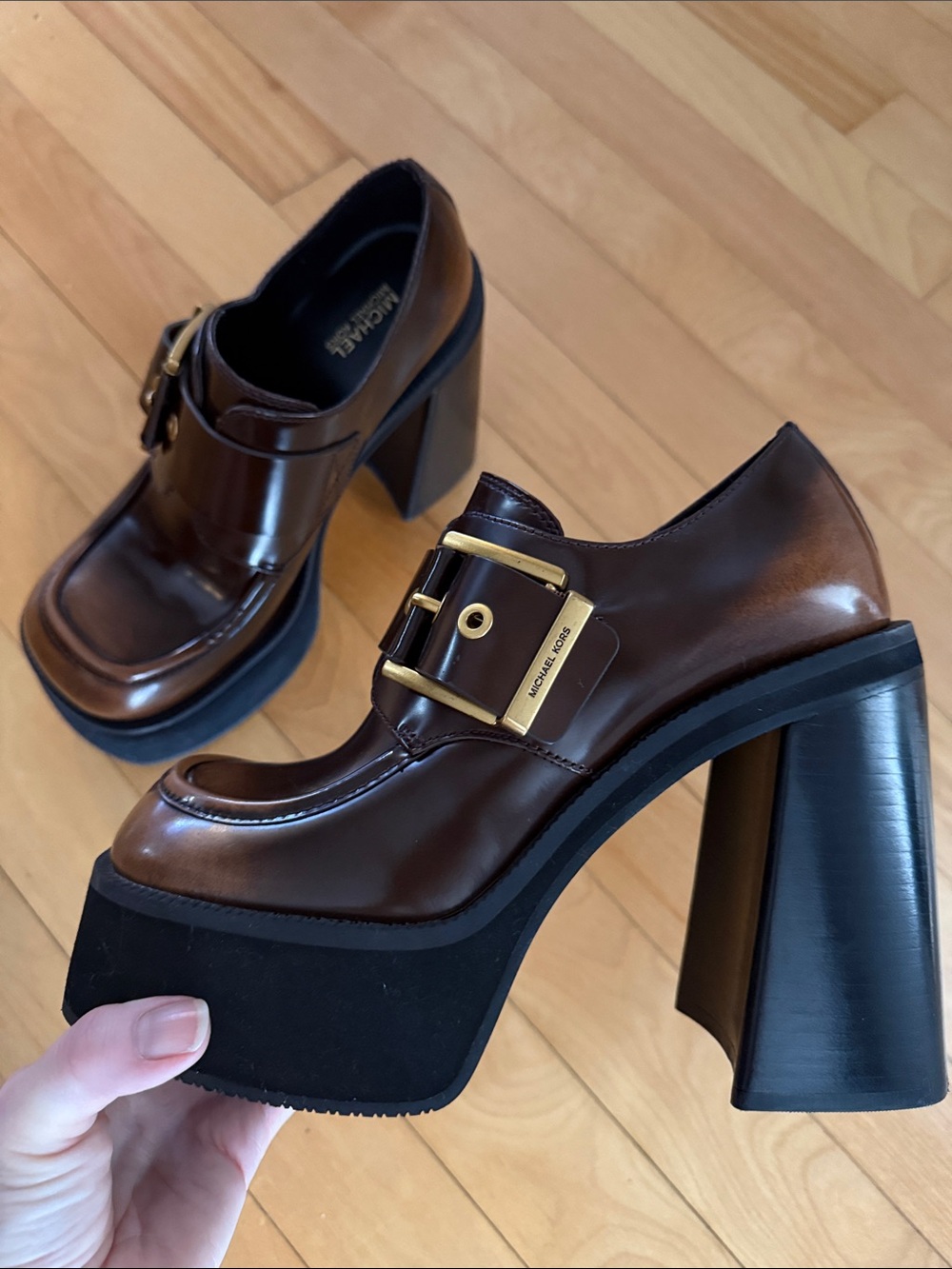 Michael Kors Brown Leather Platform Loafers with Gold Buckle